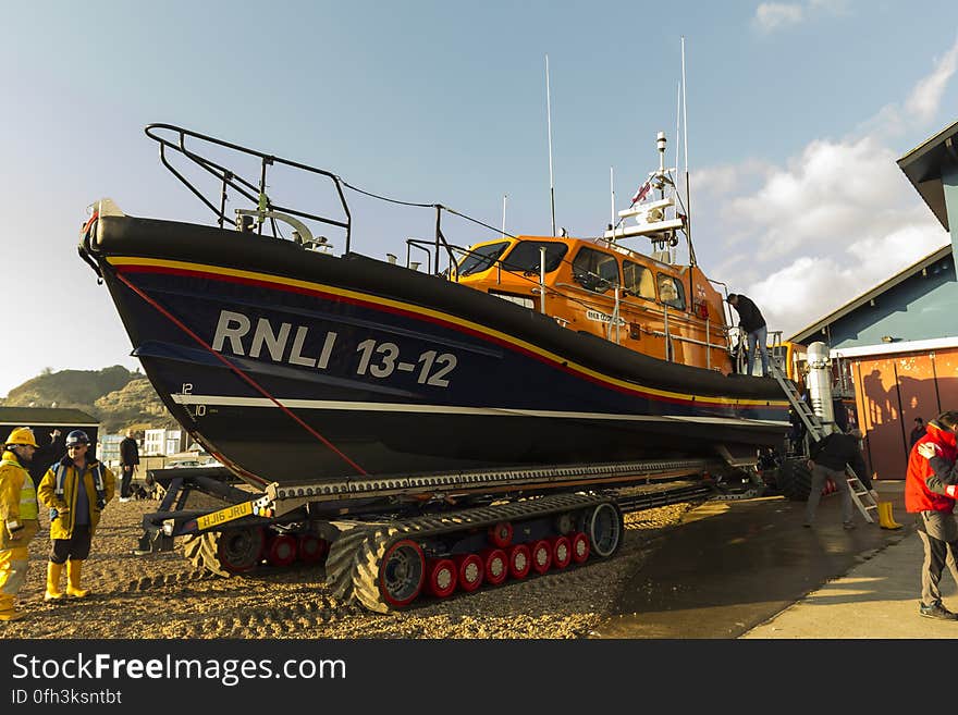 RNLB Cosandra, a Shannon class lifeboat, visits Hastings Lifeboat Station.