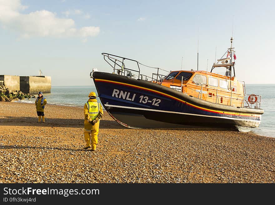 RNLB Cosandra, a Shannon class lifeboat, visits Hastings Lifeboat Station.