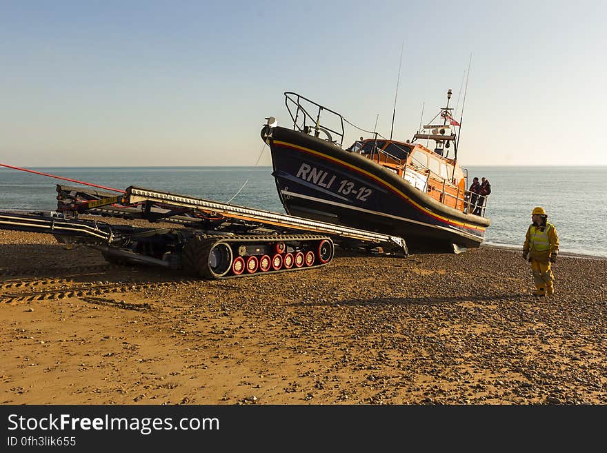 RNLB Cosandra, a Shannon class lifeboat, visits Hastings Lifeboat Station.