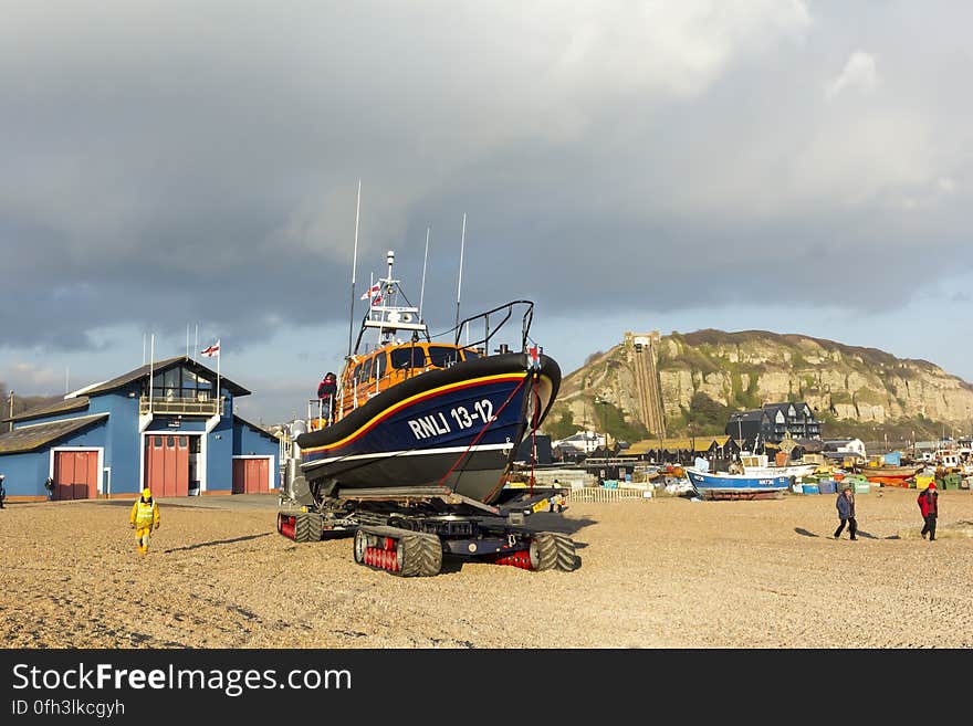 RNLB Cosandra, a Shannon class lifeboat, visits Hastings Lifeboat Station.