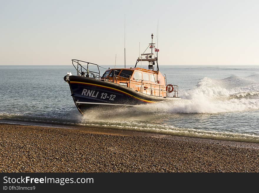 RNLB Cosandra, a Shannon class lifeboat, visits Hastings Lifeboat Station.