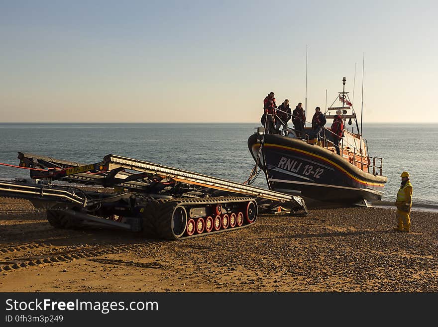 RNLB Cosandra, a Shannon class lifeboat, visits Hastings Lifeboat Station.