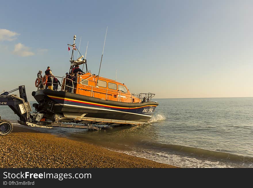 RNLB Cosandra, a Shannon class lifeboat, visits Hastings Lifeboat Station.