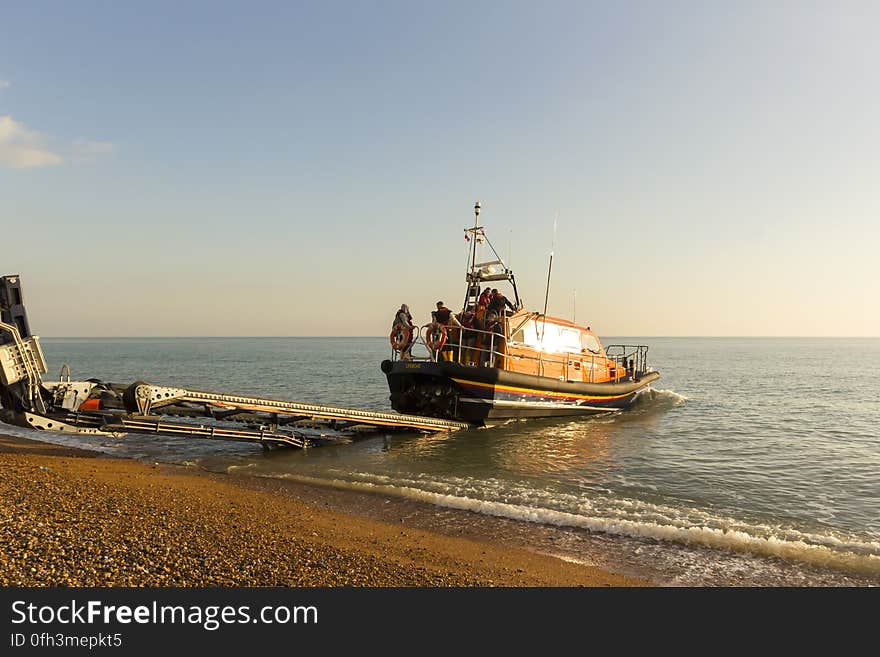 RNLB Cosandra, a Shannon class lifeboat, visits Hastings Lifeboat Station.