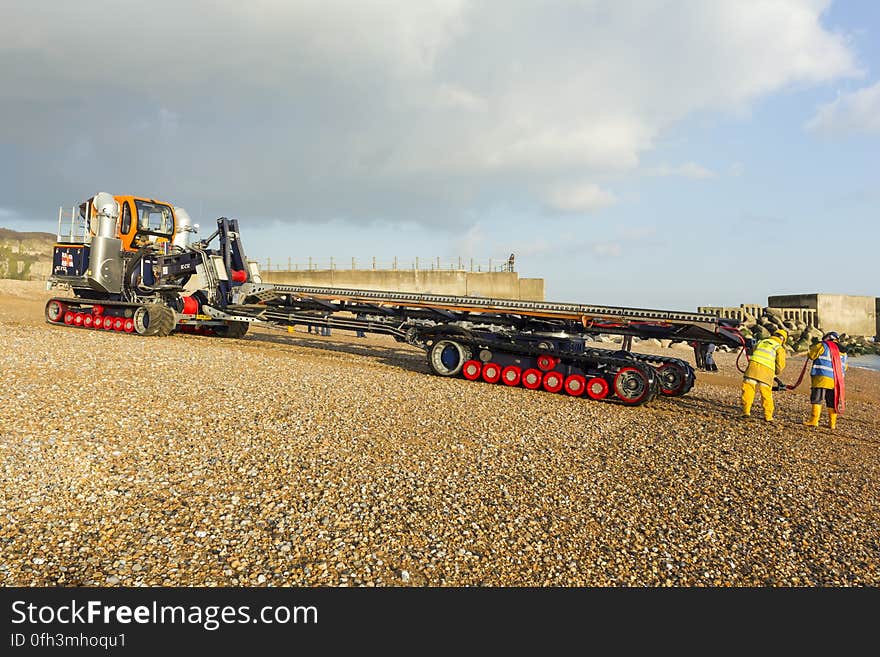 RNLB Cosandra, a Shannon class lifeboat, visits Hastings Lifeboat Station.