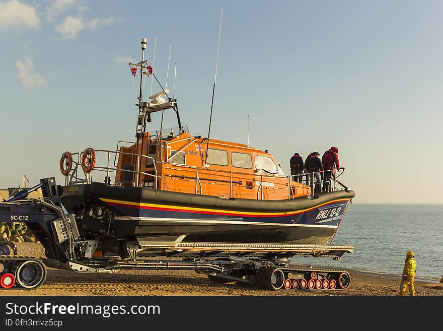 RNLB Cosandra, a Shannon class lifeboat, visits Hastings Lifeboat Station.