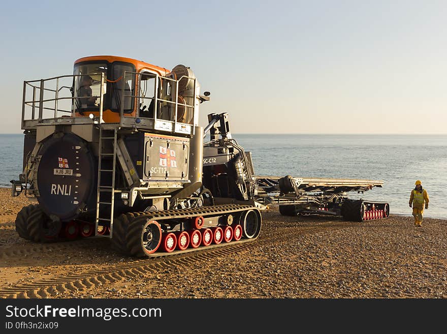 RNLB Cosandra, a Shannon class lifeboat, visits Hastings Lifeboat Station.