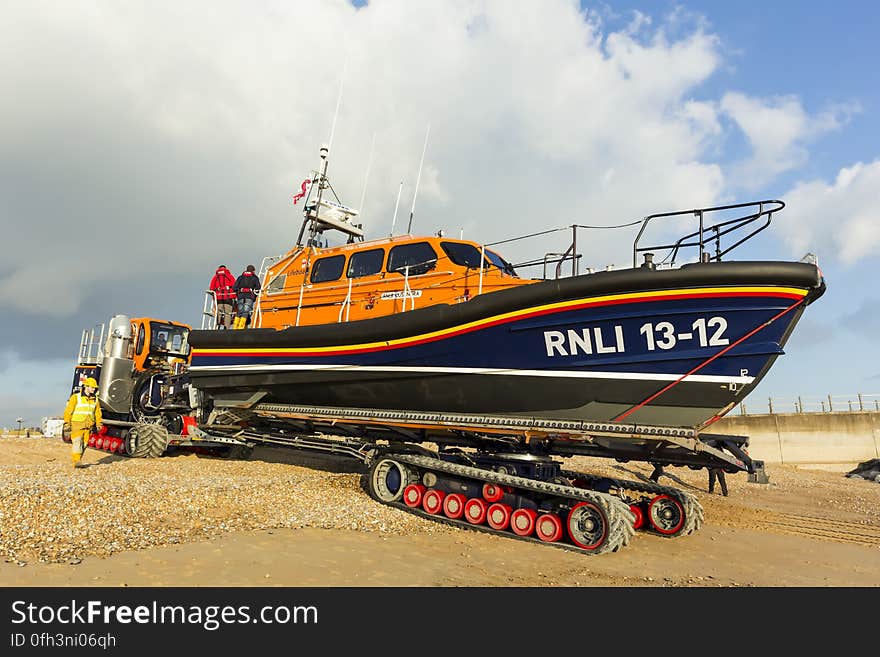 RNLB Cosandra, a Shannon class lifeboat, visits Hastings Lifeboat Station.