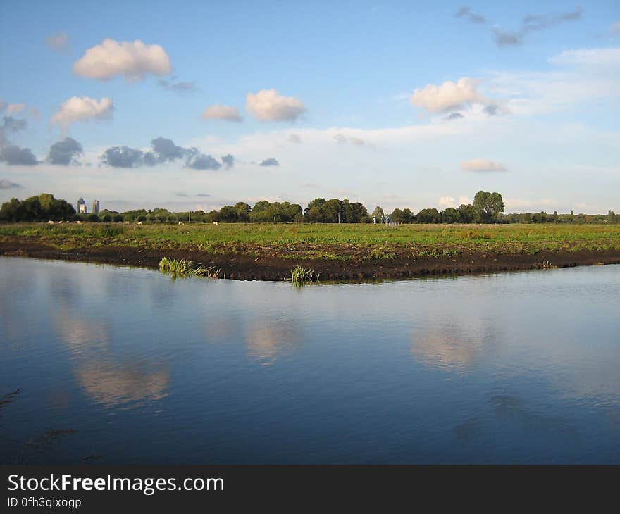 Water and pasture in Amstelveen, the Netherlands. The skyscrapers near Amsterdam Amstel railway station can be seen in the background on the left-hand side. Photograph taken on the evening of September 12 2010.