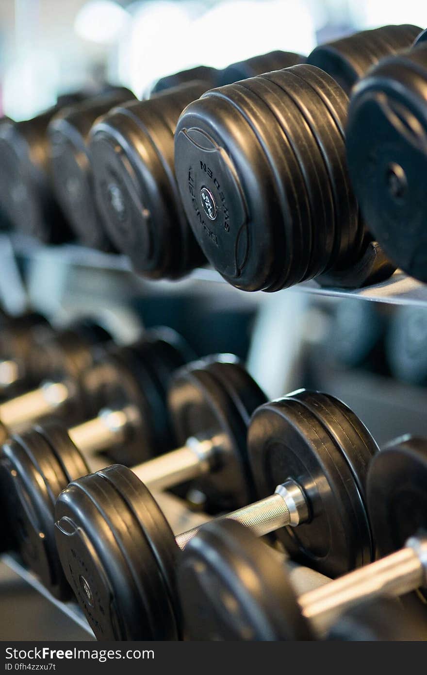 Two racks full of dumbbell weights in the gym. Two racks full of dumbbell weights in the gym.