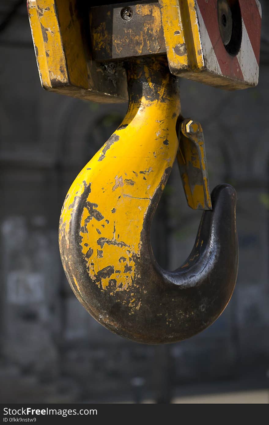 Image of a crane hook and hook block. The hoist is mounted on a truck carrier to provide the mobility for this type of crane.