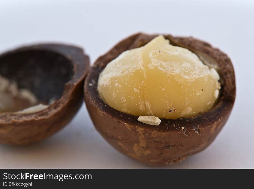 Macadamia nut cracked open exposing the white kernel. Besides nutritional value they are also used for cosmetic oils. Macadamia nut cracked open exposing the white kernel. Besides nutritional value they are also used for cosmetic oils.