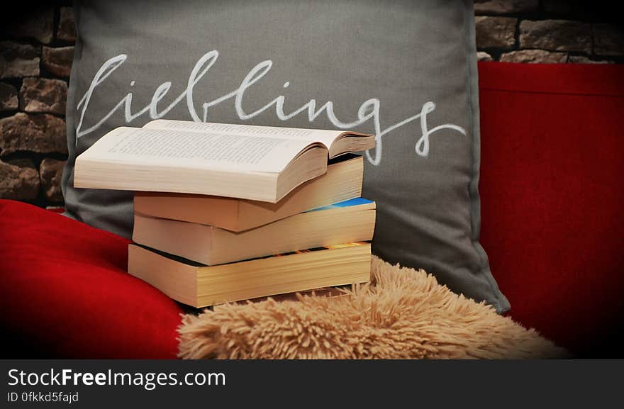 Pile of books, top one open with a shaggy rug under and a gray cushion behind bearing word in German "Lieblings" meaning favorites, stone wall behind. Pile of books, top one open with a shaggy rug under and a gray cushion behind bearing word in German "Lieblings" meaning favorites, stone wall behind.