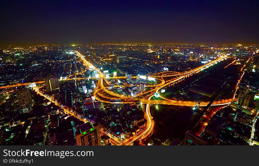 A view over a city at night.