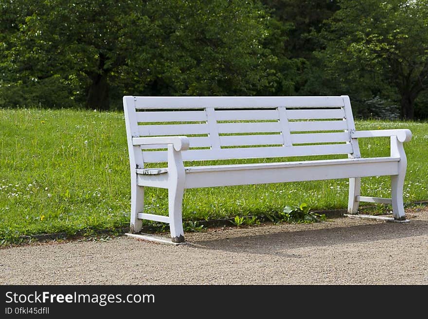 White wooden bench with grassland in the background