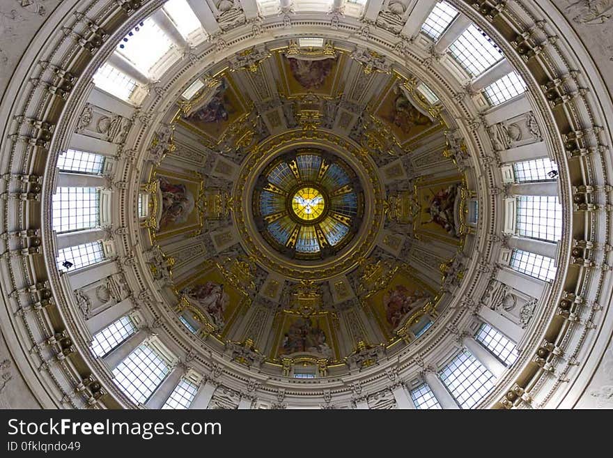 Heavily adorned with eight evangelical mosaics and dove representing the Holy Spirit in the center, the dome is a 70 meter high cupola. Heavily adorned with eight evangelical mosaics and dove representing the Holy Spirit in the center, the dome is a 70 meter high cupola.