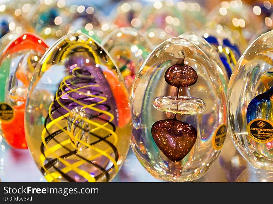 Souvenirs in a Prague shop in the form of Bohemian crystal eggs.