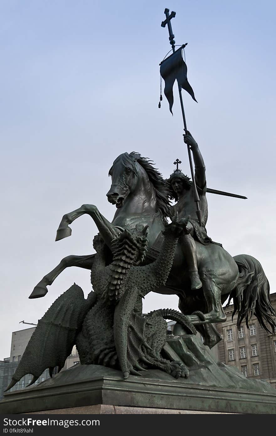 Nikolaiviertel historical quarter hosts the statue of Saint George fighting the dragon by August Kiss. Nikolaiviertel historical quarter hosts the statue of Saint George fighting the dragon by August Kiss.