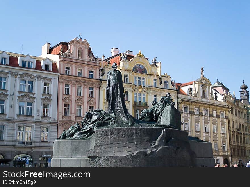 Monument in Old Town Squere representing Jan Hus, Czech Protestant reformer who died as a martyr, Hussite warriors and prostrated followers. Monument in Old Town Squere representing Jan Hus, Czech Protestant reformer who died as a martyr, Hussite warriors and prostrated followers.