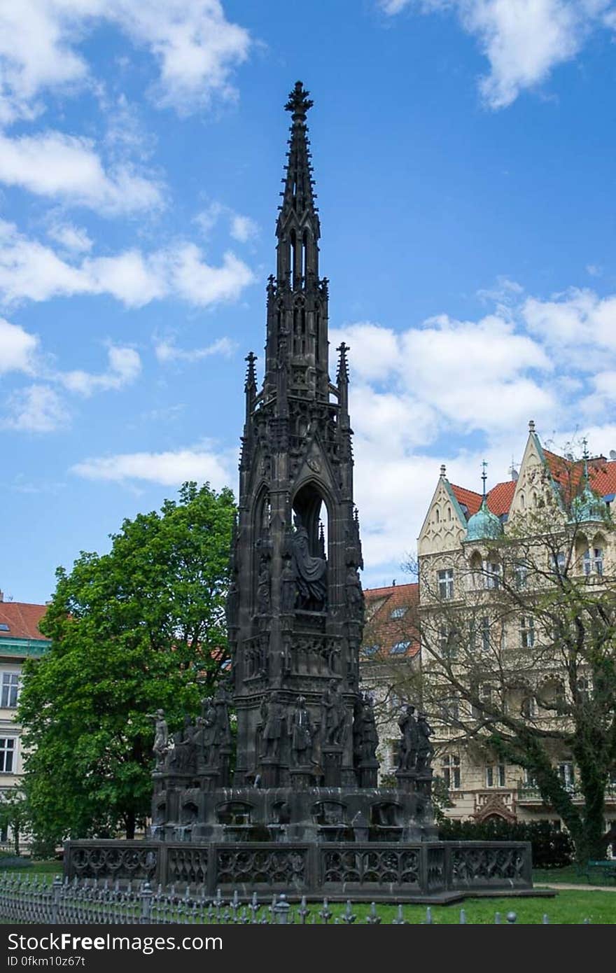 Allegorical polygonal monument with statues depicting Czech regions, arts and crafts alognside horse mounted figure of Emperor Franz Joseph I. Allegorical polygonal monument with statues depicting Czech regions, arts and crafts alognside horse mounted figure of Emperor Franz Joseph I.