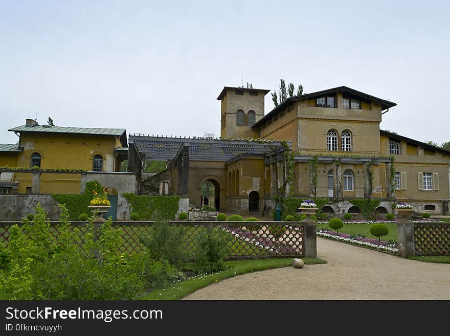 Italian style villa built by prince Frederick William, with garden and pergola entrance.