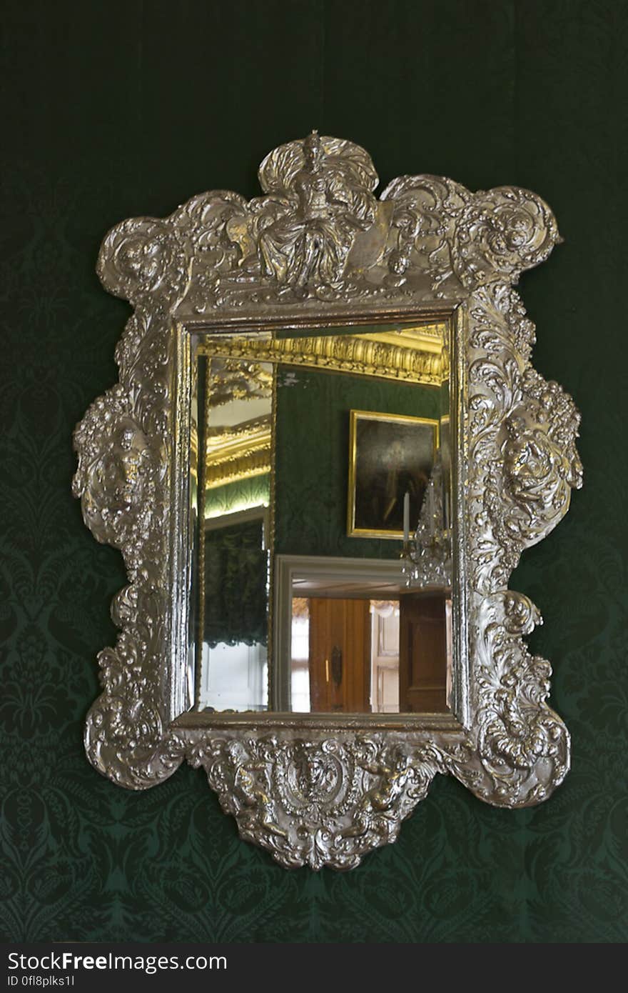 Antique silver mirror in the green room at Charlottenburg, Berlin.