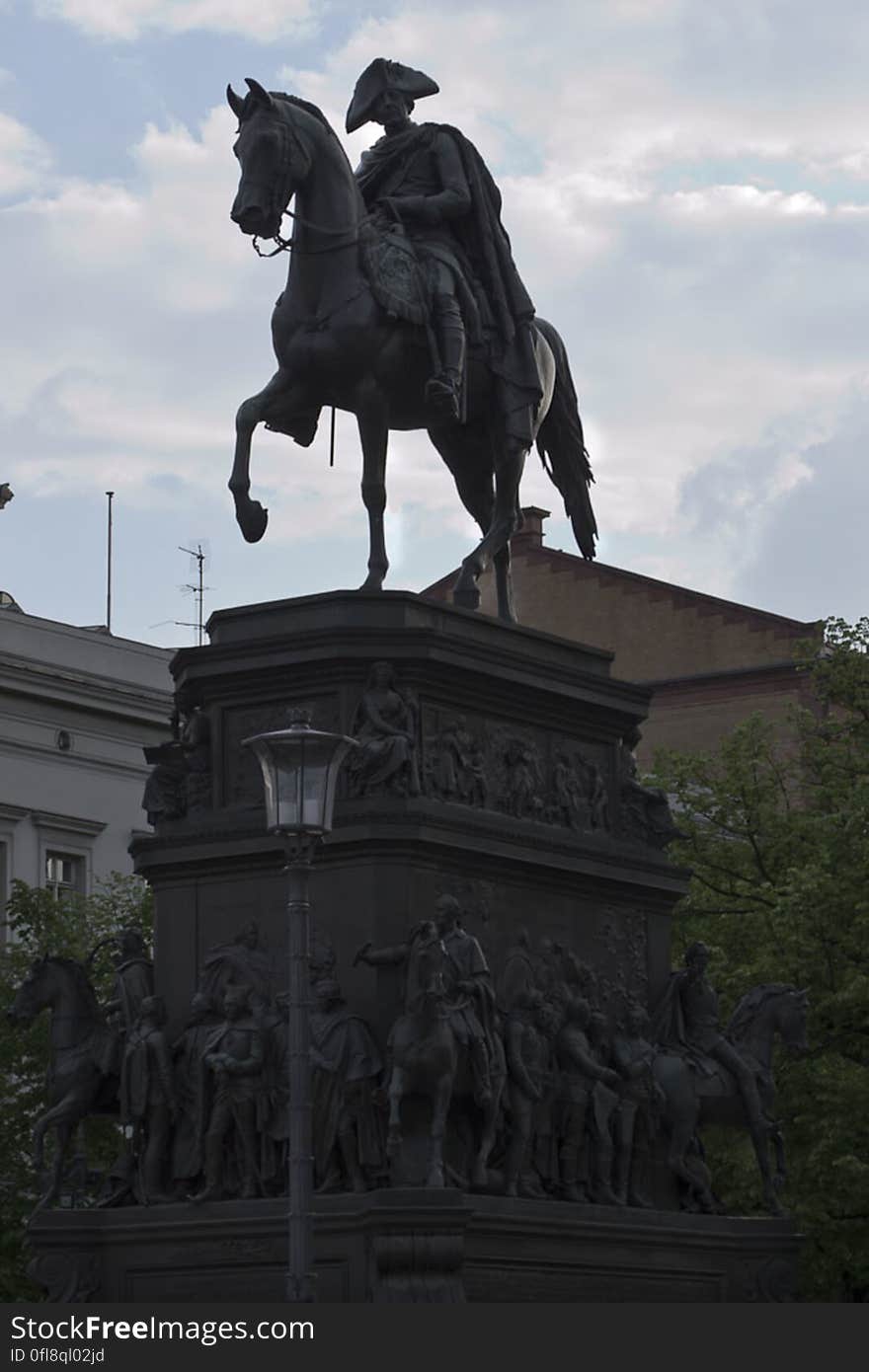 The Equestrian statue of Frederick the Great at the east end of Unter den Linden in Berlin, Germany.