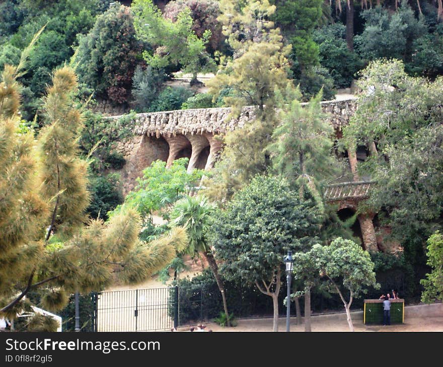 Ancient building on mountainside overgrown with trees. Ancient building on mountainside overgrown with trees.