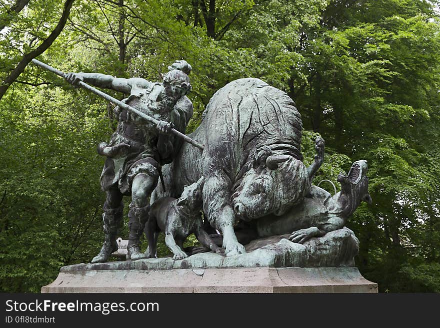 Tiergarten bison hunt statue in Berlin, Germany,