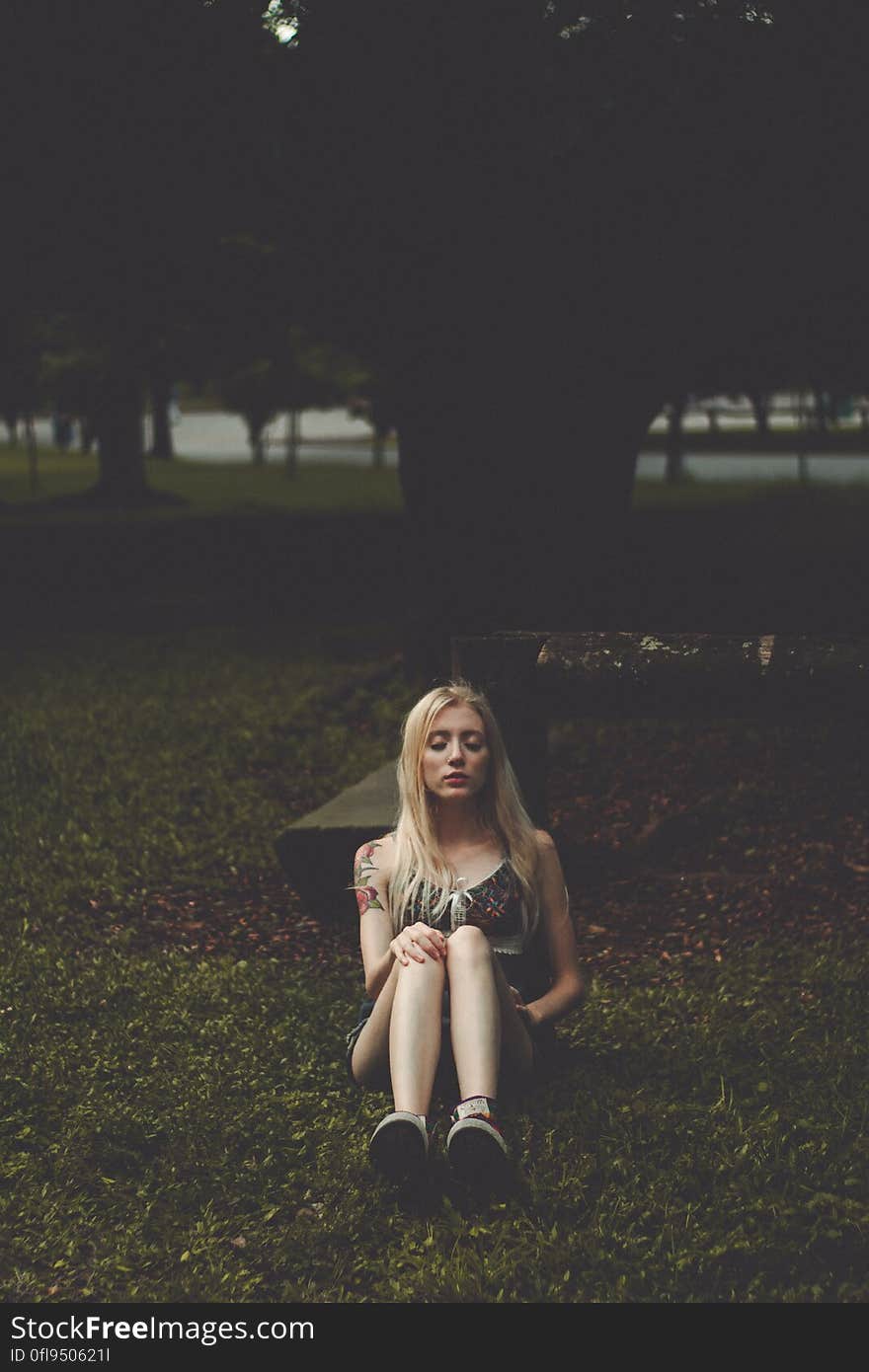 Woman with closed eyes sitting in grass at park in evening. Woman with closed eyes sitting in grass at park in evening.