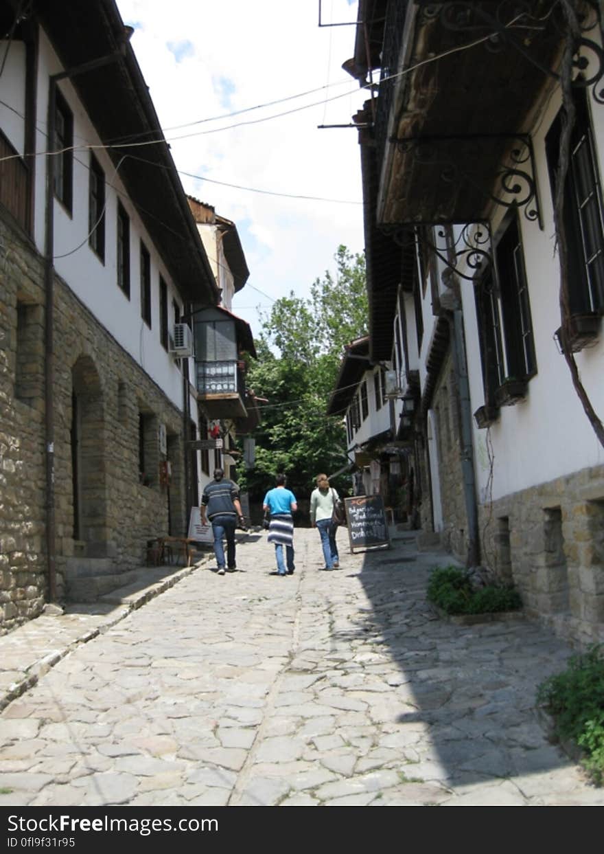 Rear view of three people walking down a cobblestone alley past old buildings.