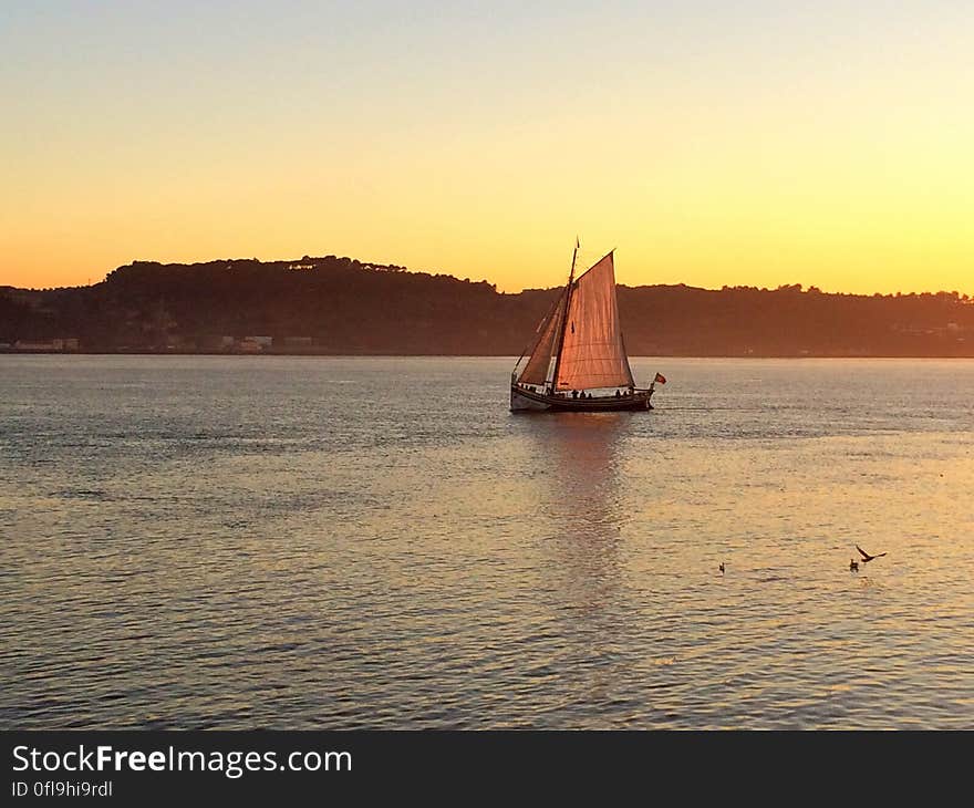 Felluca boat sailing along the coastline at sunset. Felluca boat sailing along the coastline at sunset.