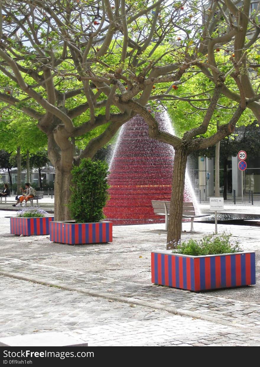 The red fountain in the Parque das Nações in Lisbon, Portugal. The red fountain in the Parque das Nações in Lisbon, Portugal.