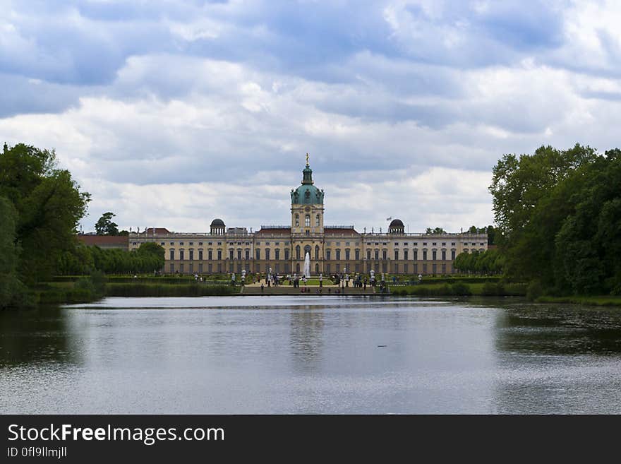 Royal Hohenzollern baroque and rococo Charlottenburg palace on the lake coast.