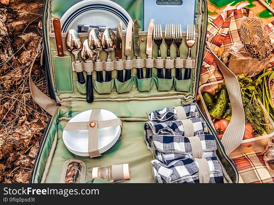 Open picnic bag with cutlery and tableware next to fresh vegetables in countryside.