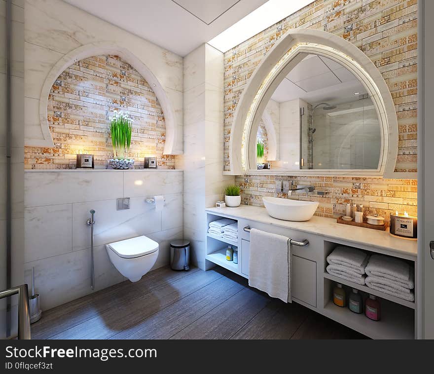 A luxurious bathroom interior design. A luxurious bathroom interior design.