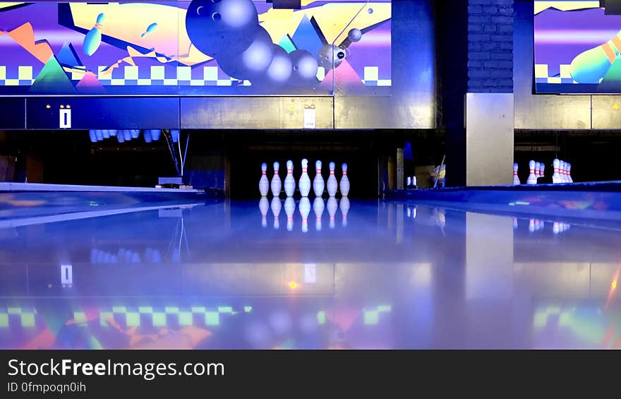 Bowling pins in a modern bowling alley. Bowling pins in a modern bowling alley.