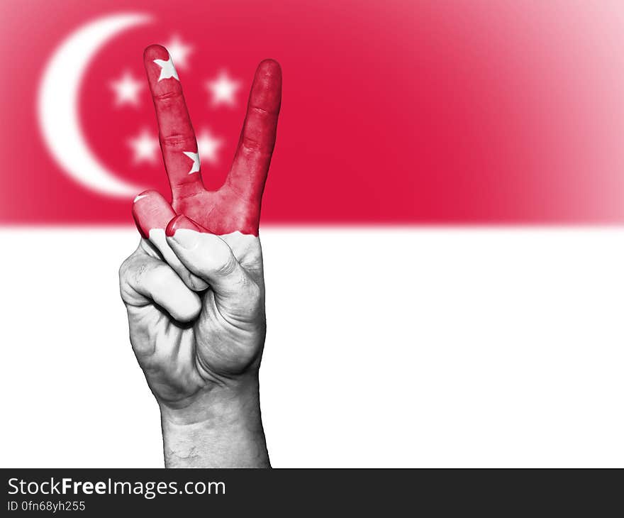 Illustration of hand gesturing peace against Singapore flag. Illustration of hand gesturing peace against Singapore flag.