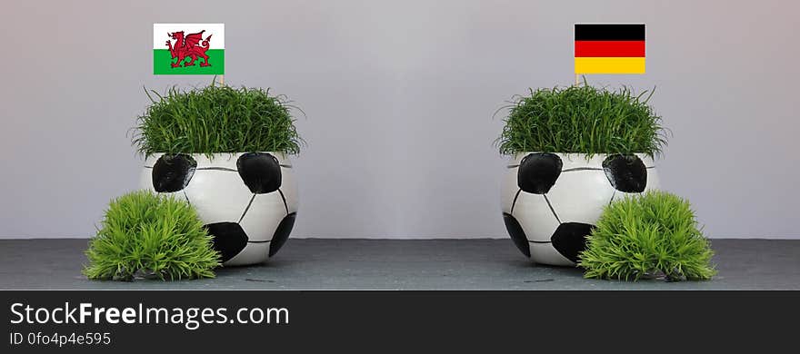 Two football plants pots with the Wales and Germany flags to celebrate game in 2016 UEFA European Championship. Two football plants pots with the Wales and Germany flags to celebrate game in 2016 UEFA European Championship.