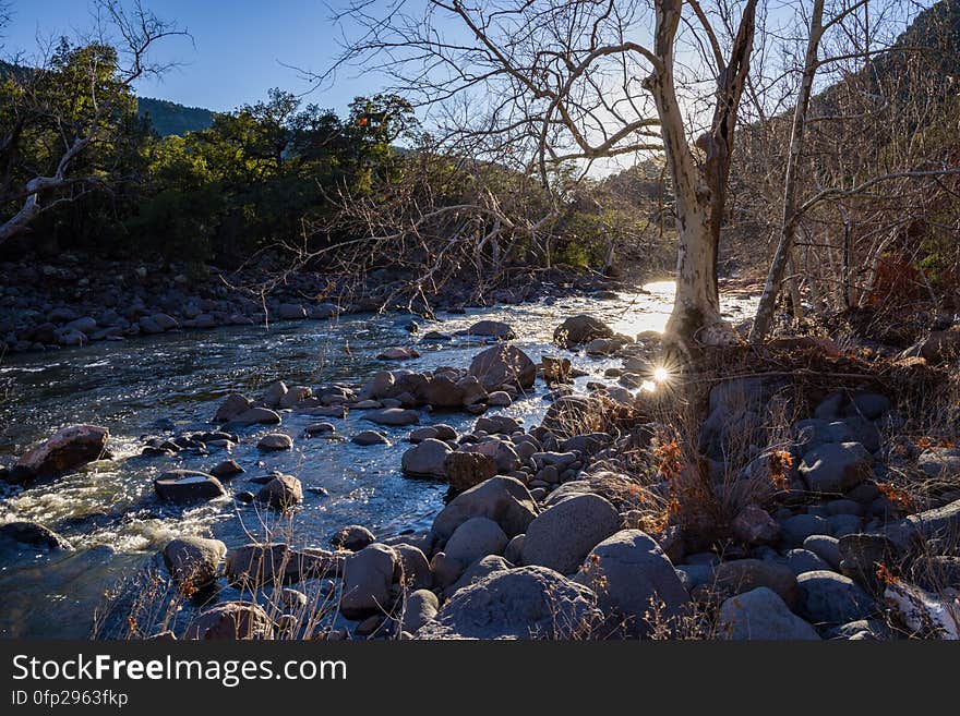 Snowmelt from a series winter storms in late January 2017 followed by rain and warm weather in February had dry creekbeds running and many of Arizona&#x27;s reservoirs filled and overflowing. Dry Beaver Creek in Woods Canyon was no exception. Woods Canyon Trail is level and unshaded as it follows a jeep road into the wide canyon mouth for 1.25 miles. The road ends and the trail continues, climbing gradually. There are views of the vegetation-covered slopes of mesas on either side. The trail enters Munds Mountain Wilderness continuing its easy climb. The trail approaches and then follows Dry Beaver Creek. At the confluence with Rattlesnake Canyon, the trail emerges onto a picturesque expanse of redrock studded with huge, gray boulders. Further down some nice redrock views as the trail climbs on a moderate grade out of the creekbed. Photo by Deborah Lee Soltesz, February 15, 2017. Credit: Coconino National Forest, U.S. Forest Service. Learn more about Woods Canyon Trail No. 93 on the Coconino National Forest.