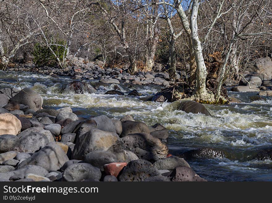 Snowmelt from a series winter storms in late January 2017 followed by rain and warm weather in February had dry creekbeds running and many of Arizona&#x27;s reservoirs filled and overflowing. Dry Beaver Creek in Woods Canyon was no exception. Woods Canyon Trail is level and unshaded as it follows a jeep road into the wide canyon mouth for 1.25 miles. The road ends and the trail continues, climbing gradually. There are views of the vegetation-covered slopes of mesas on either side. The trail enters Munds Mountain Wilderness continuing its easy climb. The trail approaches and then follows Dry Beaver Creek. At the confluence with Rattlesnake Canyon, the trail emerges onto a picturesque expanse of redrock studded with huge, gray boulders. Further down some nice redrock views as the trail climbs on a moderate grade out of the creekbed. Photo by Deborah Lee Soltesz, February 15, 2017. Credit: Coconino National Forest, U.S. Forest Service. Learn more about Woods Canyon Trail No. 93 on the Coconino National Forest.