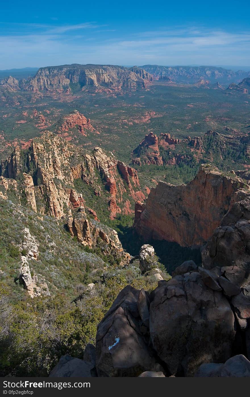 View into Secret Canyon from Little Round Mountain. We headed out of Flagstaff down Woody Mountain Road for a week of camping and day hiking around the Rattlesnake Mesa area. The area is north of Sedona&#x27;s Secret Canyon, on top of the Mogollon Rim. There are several trails, mostly unmaintained, heading along or off the edge of the Rim. For the first day&#x27;s hike, we headed for FS Trail #9, which heads across Little Round Mountain and along the Rim around South Pocket... Read the blog entry for this hike