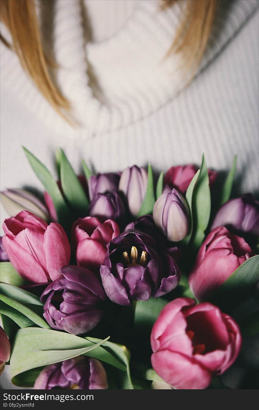 A close up of a purple tulip bouquet.