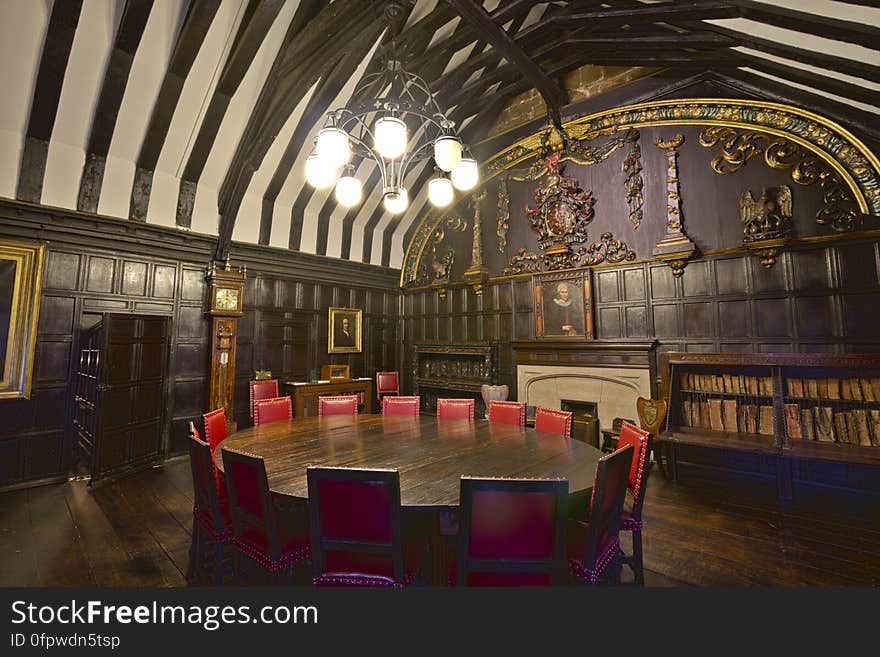 Here is an hdr photograph taken from Chetham&#x27;s Library reading room. The library is one of the oldest public libraries in Britain. Both Karl Marx and Friedrich Engels spent time studying and reading in this library. Located in Manchester, Greater Manchester, England, UK.