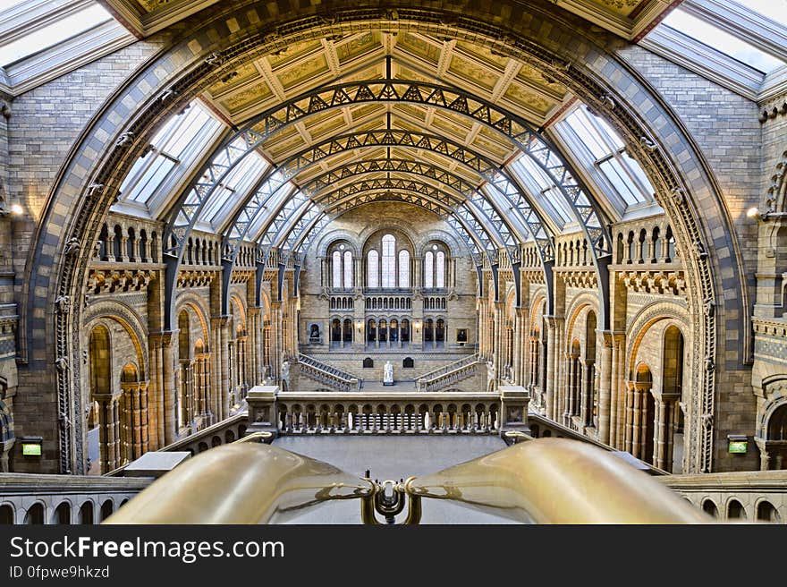 Here is an hdr photograph taken from the Natural History Museum. Located in London, England, UK. Photography is allowed in the NHM, but the use of tripods isn&#x27;t allowed. Knowing this in advance I decided to bring a photographic bean bag with me. I strapped the camera on to the photographic bean bag, which was then placed on the railings. NO tripod was used when taking the photographs for the HDR image.