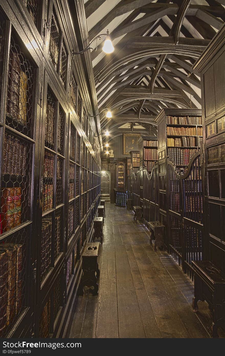 Here is an hdr photograph taken from Chetham&#x27;s Library. The library is one of the oldest public libraries in Britain. Both Karl Marx and Friedrich Engels spent time studying and reading in this library. Located in Manchester, Greater Manchester, England, UK.