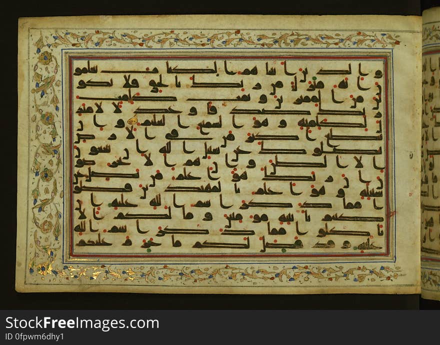 This horizontal-format manuscript on parchment is an illuminated fragment of the Qur&#x27;an, containing portions of chapters 4 &#x28;Sūrat al-nisāʾ&#x29;, 6 &#x28;Sūrat al-anʿām&#x29;, 7 &#x28;Sūrat al-aʿrāf&#x29;, and 10 &#x28;Sūrat Yūnus&#x29;. The fragment probably dates to the third century AH / ninth CE. The text is written in an Early Abbasid &#x28;Kufic&#x29; script in dark brown ink and vocalized with red and green dots. Verse markers in the shape of a stylized letter hā&#x27; and rosettes indicate groups of five and ten verses. The text is framed by later red, blue, and gold framing lines and a polychrome and gold floral border. The black blind-tooled leather binding with central lobed, pointed oval and pendants is attributable to the thirteenth century AH / nineteenth CE. See this manuscript page by page at the Walters Museum Website: art.thewalters.org/viewwoa.aspx?id=3124. This horizontal-format manuscript on parchment is an illuminated fragment of the Qur&#x27;an, containing portions of chapters 4 &#x28;Sūrat al-nisāʾ&#x29;, 6 &#x28;Sūrat al-anʿām&#x29;, 7 &#x28;Sūrat al-aʿrāf&#x29;, and 10 &#x28;Sūrat Yūnus&#x29;. The fragment probably dates to the third century AH / ninth CE. The text is written in an Early Abbasid &#x28;Kufic&#x29; script in dark brown ink and vocalized with red and green dots. Verse markers in the shape of a stylized letter hā&#x27; and rosettes indicate groups of five and ten verses. The text is framed by later red, blue, and gold framing lines and a polychrome and gold floral border. The black blind-tooled leather binding with central lobed, pointed oval and pendants is attributable to the thirteenth century AH / nineteenth CE. See this manuscript page by page at the Walters Museum Website: art.thewalters.org/viewwoa.aspx?id=3124