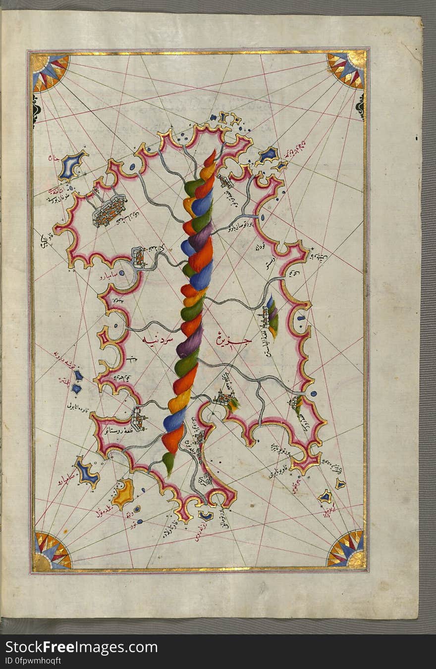 Originally composed in 932 AH / 1525 CE and dedicated to Sultan Süleyman I &#x28;&quot;The Magnificent&quot;&#x29;, this great work by Piri Reis &#x28;d. 962 AH / 1555 CE&#x29; on navigation was later revised and expanded. The present manuscript, made mostly in the late 11th AH / 17th CE century, is based on the later expanded version with some 240 exquisitely executed maps and portolan charts. They include a world map &#x28;fol.41a&#x29; with the outline of the Americas, as well as coastlines &#x28;bays, capes, peninsulas&#x29;, islands, mountains and cities of the Mediterranean basin and the Black Sea. The work starts with the description of the coastline of Anatolia and the islands of the Aegean Sea, the Peloponnese peninsula and eastern and western coasts of the Adriatic Sea. It then proceeds to describe the western shores of Italy, southern France, Spain, North Africa, Palestine, Israel, Lebanon, Syria, western Anatolia, various islands north of Crete, Sea of Marmara, Bosporus and the Black Sea. It ends with a map of the shores of the the Caspian Sea &#x28;fol.374a&#x29;. This leaf is a map of Sardinia. See this manuscript page by page at the Walters Art Museum website: art.thewalters.org/viewwoa.aspx?id=19195. Originally composed in 932 AH / 1525 CE and dedicated to Sultan Süleyman I &#x28;&quot;The Magnificent&quot;&#x29;, this great work by Piri Reis &#x28;d. 962 AH / 1555 CE&#x29; on navigation was later revised and expanded. The present manuscript, made mostly in the late 11th AH / 17th CE century, is based on the later expanded version with some 240 exquisitely executed maps and portolan charts. They include a world map &#x28;fol.41a&#x29; with the outline of the Americas, as well as coastlines &#x28;bays, capes, peninsulas&#x29;, islands, mountains and cities of the Mediterranean basin and the Black Sea. The work starts with the description of the coastline of Anatolia and the islands of the Aegean Sea, the Peloponnese peninsula and eastern and western coasts of the Adriatic Sea. It then proceeds to describe the western shores of Italy, southern France, Spain, North Africa, Palestine, Israel, Lebanon, Syria, western Anatolia, various islands north of Crete, Sea of Marmara, Bosporus and the Black Sea. It ends with a map of the shores of the the Caspian Sea &#x28;fol.374a&#x29;. This leaf is a map of Sardinia. See this manuscript page by page at the Walters Art Museum website: art.thewalters.org/viewwoa.aspx?id=19195