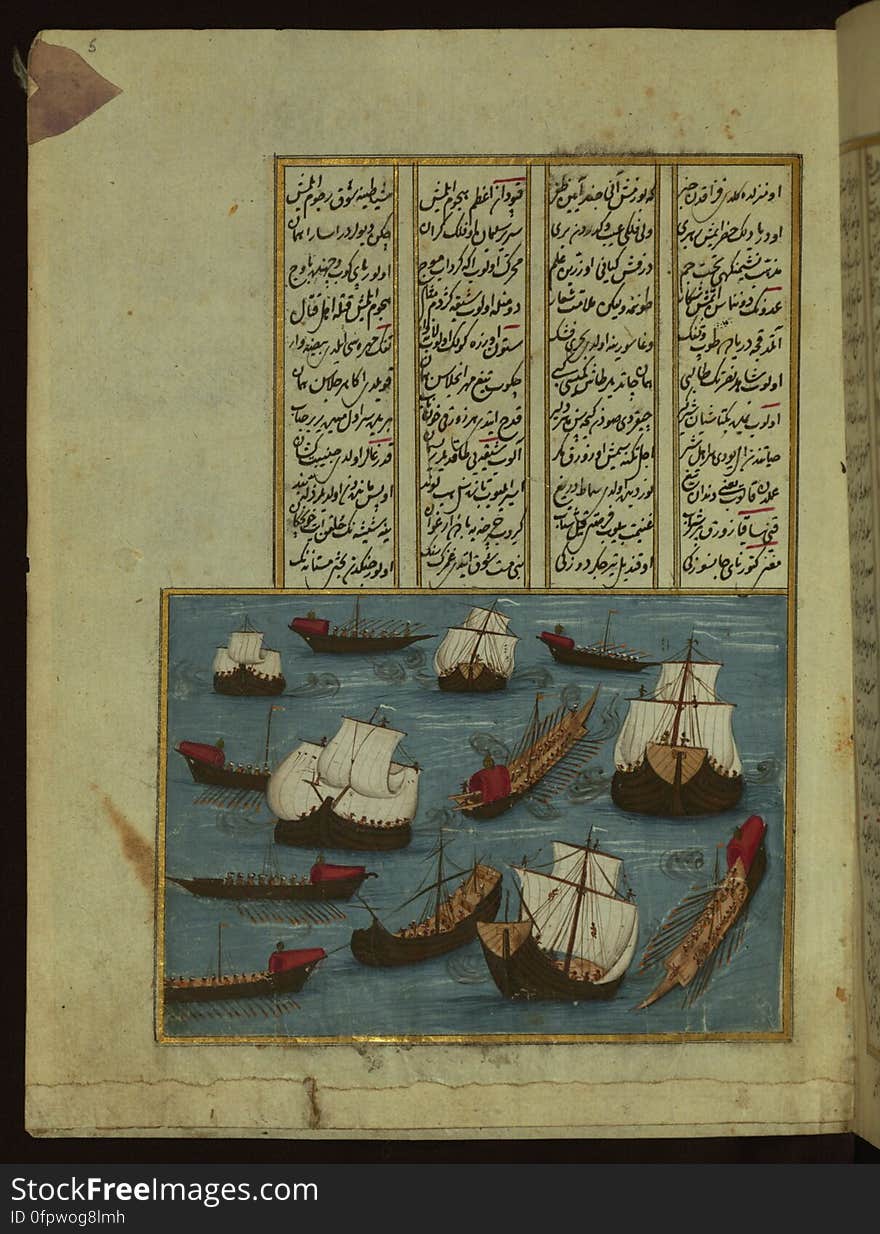 This is an illuminated and illustrated copy of the Ḫamse &#x28;quintet&#x29; of the Ottoman Turkish poet and scholar ʿAṭāʾullāh bin Yaḥyá ʿAṭāʾī &#x28;d. 1044 AH / 1634 CE&#x29;. Although different in content, this work takes its inspiration from the famous Persian Khamsah of Niẓāmī Ganjavī &#x28;d. 605 AH / 1209 CE&#x29; and the Khamsah of Amīr Khusraw Dihlavī &#x28;d. 725 AH / 1325 CE&#x29;. This Ottoman copy of ʿAṭāʾī&#x27;s work ends with a portion of his Dīvān &#x28;fols. 142b-151b&#x29; instead of the fifth poem &#x28;mesnevi&#x29;, Ḥilyet ül-efkār. The text, written in nastaʿlīq script, was copied by Ḫeyrullah Ḫeyrī Çāvuşzade in 1133 AH / 1721 CE. There are thirty-eight illustrations, and illuminated incipits introduce the different poems &#x28;fols. 1b, 22b, 63b, 107b, and 142b&#x29;. The brown leather binding is original to the manuscript. This illustration depicts the Ottoman fleet, led by Hüseyn Paşa, setting out from the Black Sea against the Polish army. This is an illuminated and illustrated copy of the Ḫamse &#x28;quintet&#x29; of the Ottoman Turkish poet and scholar ʿAṭāʾullāh bin Yaḥyá ʿAṭāʾī &#x28;d. 1044 AH / 1634 CE&#x29;. Although different in content, this work takes its inspiration from the famous Persian Khamsah of Niẓāmī Ganjavī &#x28;d. 605 AH / 1209 CE&#x29; and the Khamsah of Amīr Khusraw Dihlavī &#x28;d. 725 AH / 1325 CE&#x29;. This Ottoman copy of ʿAṭāʾī&#x27;s work ends with a portion of his Dīvān &#x28;fols. 142b-151b&#x29; instead of the fifth poem &#x28;mesnevi&#x29;, Ḥilyet ül-efkār. The text, written in nastaʿlīq script, was copied by Ḫeyrullah Ḫeyrī Çāvuşzade in 1133 AH / 1721 CE. There are thirty-eight illustrations, and illuminated incipits introduce the different poems &#x28;fols. 1b, 22b, 63b, 107b, and 142b&#x29;. The brown leather binding is original to the manuscript. This illustration depicts the Ottoman fleet, led by Hüseyn Paşa, setting out from the Black Sea against the Polish army.