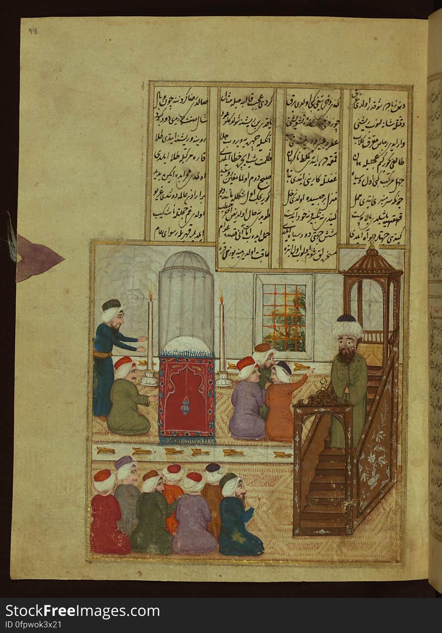 This is an illuminated and illustrated copy of the Ḫamse &#x28;quintet&#x29; of the Ottoman Turkish poet and scholar ʿAṭāʾullāh bin Yaḥyá ʿAṭāʾī &#x28;d. 1044 AH / 1634 CE&#x29;. Although different in content, this work takes its inspiration from the famous Persian Khamsah of Niẓāmī Ganjavī &#x28;d. 605 AH / 1209 CE&#x29; and the Khamsah of Amīr Khusraw Dihlavī &#x28;d. 725 AH / 1325 CE&#x29;. This Ottoman copy of ʿAṭāʾī&#x27;s work ends with a portion of his Dīvān &#x28;fols. 142b-151b&#x29; instead of the fifth poem &#x28;mesnevi&#x29;, Ḥilyet ül-efkār. The text, written in nastaʿlīq script, was copied by Ḫeyrullah Ḫeyrī Çāvuşzade in 1133 AH / 1721 CE. There are thirty-eight illustrations, and illuminated incipits introduce the different poems &#x28;fols. 1b, 22b, 63b, 107b, and 142b&#x29;. The brown leather binding is original to the manuscript. This is an illuminated and illustrated copy of the Ḫamse &#x28;quintet&#x29; of the Ottoman Turkish poet and scholar ʿAṭāʾullāh bin Yaḥyá ʿAṭāʾī &#x28;d. 1044 AH / 1634 CE&#x29;. Although different in content, this work takes its inspiration from the famous Persian Khamsah of Niẓāmī Ganjavī &#x28;d. 605 AH / 1209 CE&#x29; and the Khamsah of Amīr Khusraw Dihlavī &#x28;d. 725 AH / 1325 CE&#x29;. This Ottoman copy of ʿAṭāʾī&#x27;s work ends with a portion of his Dīvān &#x28;fols. 142b-151b&#x29; instead of the fifth poem &#x28;mesnevi&#x29;, Ḥilyet ül-efkār. The text, written in nastaʿlīq script, was copied by Ḫeyrullah Ḫeyrī Çāvuşzade in 1133 AH / 1721 CE. There are thirty-eight illustrations, and illuminated incipits introduce the different poems &#x28;fols. 1b, 22b, 63b, 107b, and 142b&#x29;. The brown leather binding is original to the manuscript.